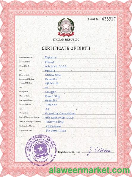 Italy birth certificate PSD template